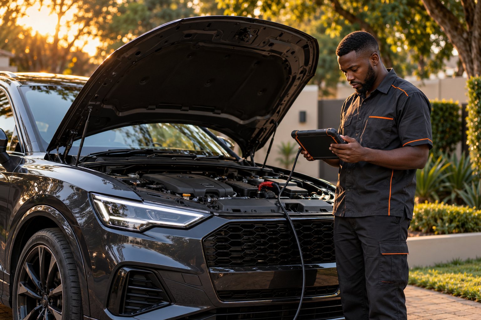 Illustration of a mobile auto electrician using diagnostic equipment at a vehicle